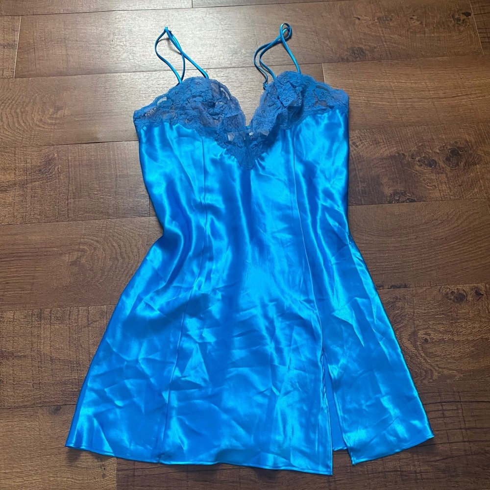 vintage gold label victorias secret sky blue lace cami slip dress